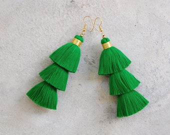 Handcrafted Emerald Green Tassel Earrings