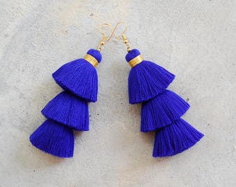 Handmade Navy Blue 3 Tiered Tassel Earrings