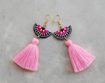 Handmade Hmong Embroidery Pink Tassel Earrings