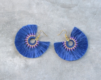 Royal Blue Hoop Tassel Earrings