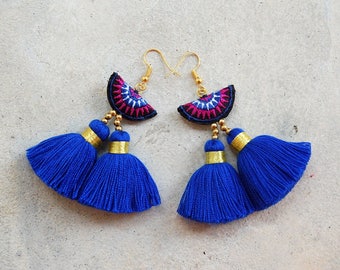 Small Tribal Embroidery with Navy Blue Tassel Earrings