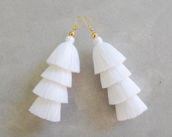 Pure White Four Tiered Tassel Earrings