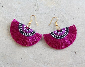 Handmade Magenta Tassel Earrings with Hill Tribe Embroidery