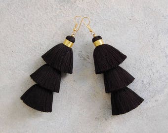 Handmade Black Tassel Earrings with Gold Binding