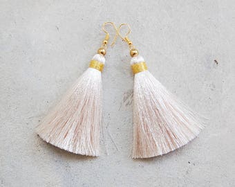 Silky Off-White Handmade Tassel Earrings