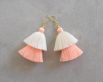 White & Light Orange Handmade Tassel Earrings