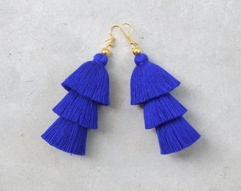 Navy Blue Three Tiered Tassel Earrings