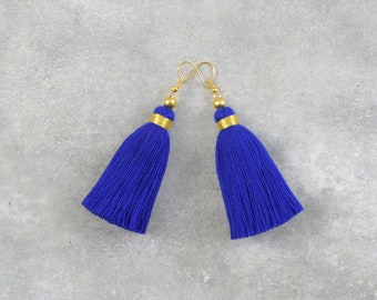 Navy Blue Tassel Earrings with Gold Beads