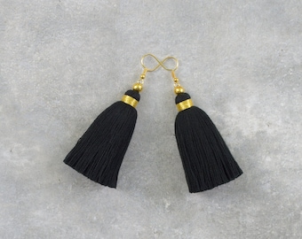 Black Tassel Earrings with Gold Beads