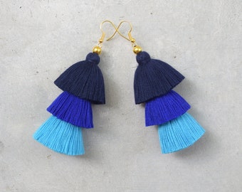 Three Shades of Blue Tassel Earrings