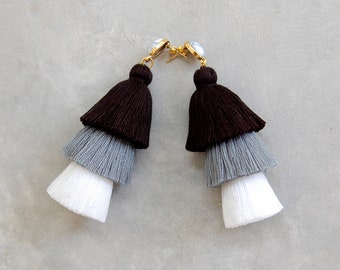 Black Grey & White Ombre Stud Tassel Earrings