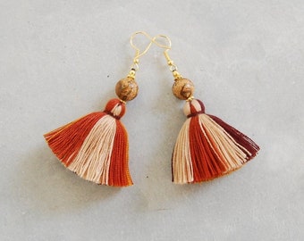 Earthy Brown Tassel Earrings with Stone Beads