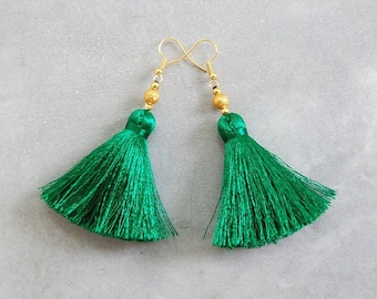 Silky Emerald Green Tassel Earrings