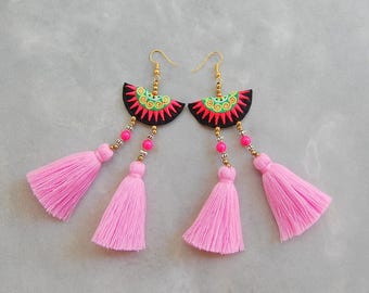 Handmade Hmong Embroidery Pink Tassel Earrings