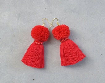 Red Tassel Earrings with Pom Poms