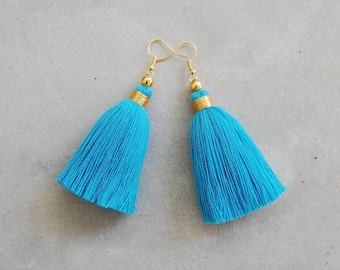 Light Blue Tassel Earrings with Gold Beads