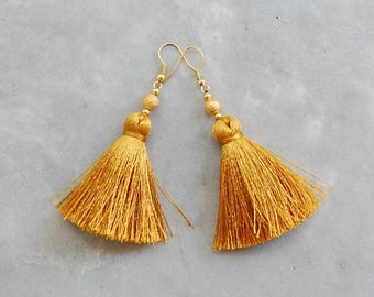 Single Silky Gold Tassel Earrings