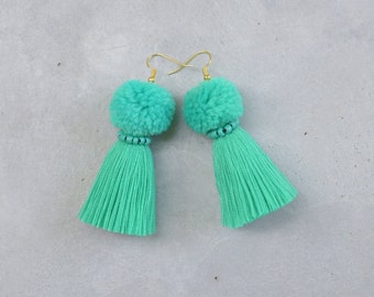 Seafoam Green Pom Pom Tassel Earrings