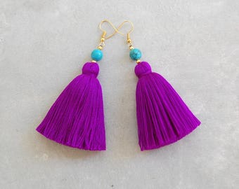 Handmade Purple Tassel Earrings with Turquoise Beads