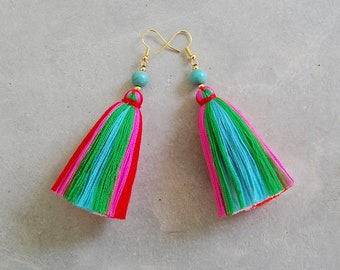 Multi Colored Tassel Earrings with Turquoise Beads