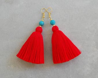 Red Tassel Earrings with Turquoise Beads