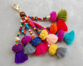 Handmade Pom Pom Tassel Bag Accessory in Mixed Colors
