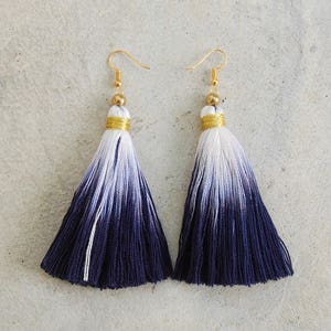 Indigo Blue Dip Dyed Ombre Tassel Earrings with Gold Beads image 2