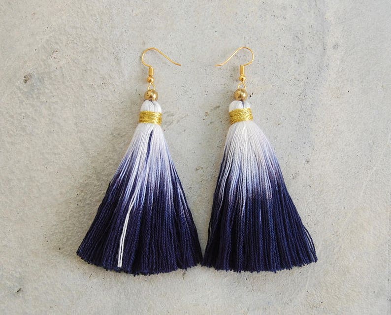 Indigo Blue Dip Dyed Ombre Tassel Earrings with Gold Beads image 2