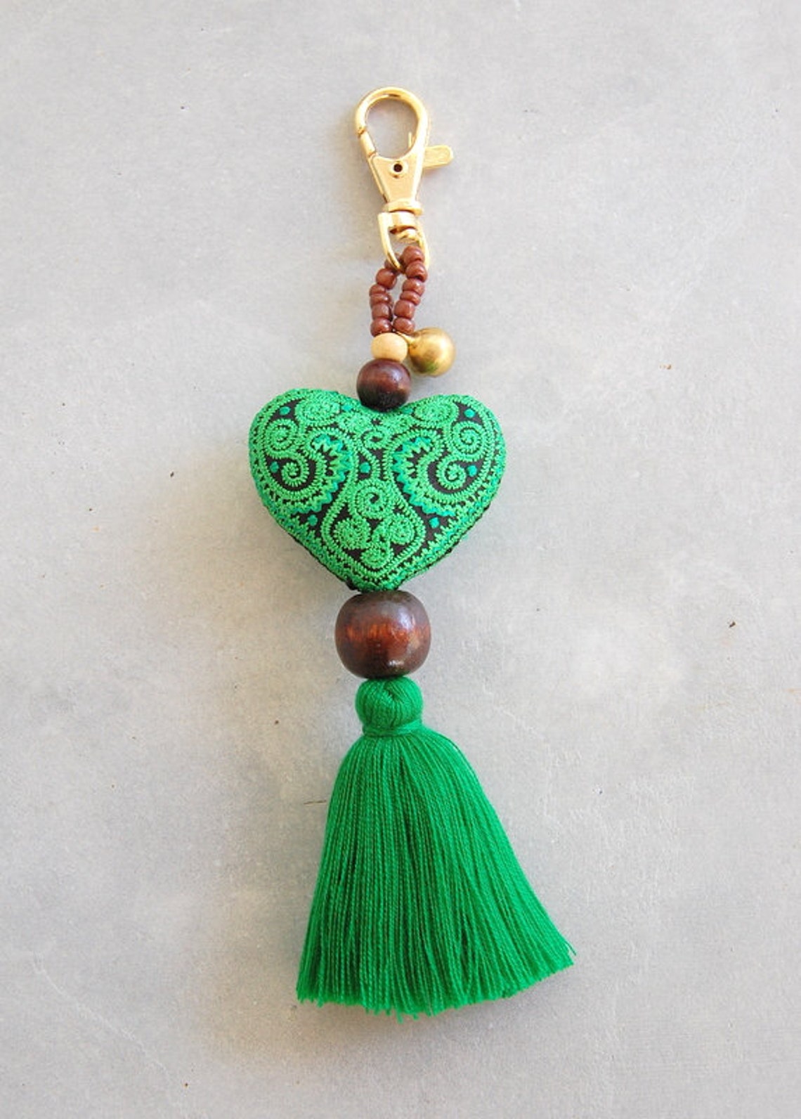 Green Embroidered Heart Tassel Bag Accessory & Keychain Etsy
