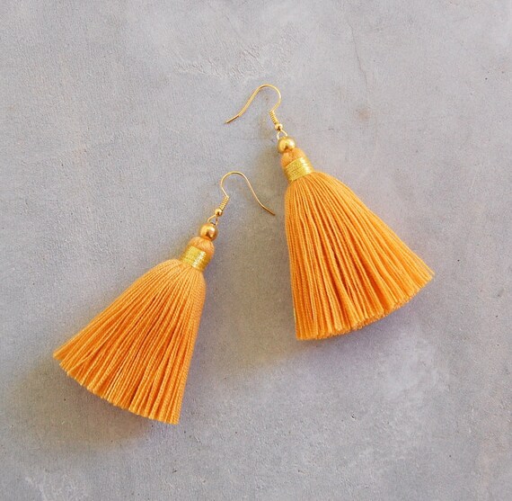 Mustard Yellow Tassel Earrings With Gold or Silver Binding Etsy Canada