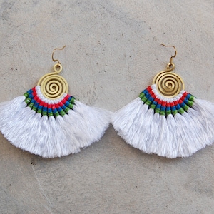 Spiral White Tassel Earrings with Waxed Cotton Strings