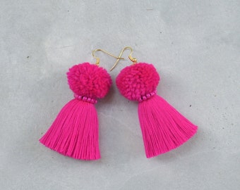 Fuchsia Pom Pom Tassel Earrings