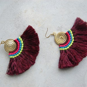 Spiral Maroon Fan Tassel Earrings image 4