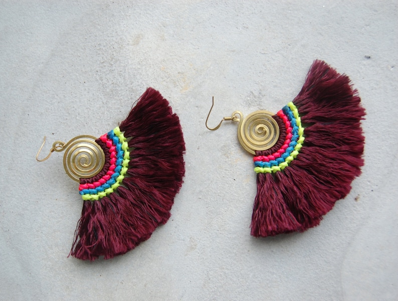 Spiral Maroon Fan Tassel Earrings image 4