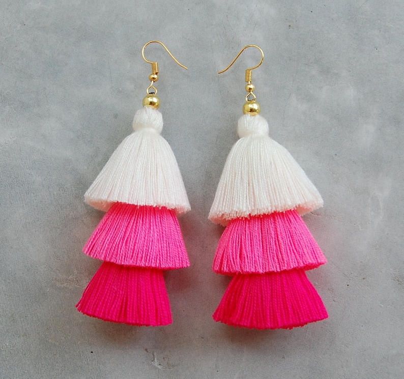 Three Layered Cream & Pink Tassel Earrings Etsy