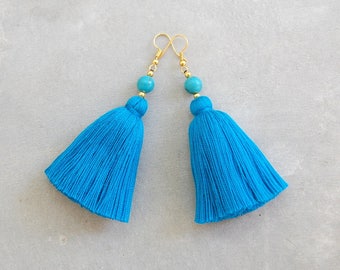 Handmade Blue Tassel Earrings with Turquoise Beads