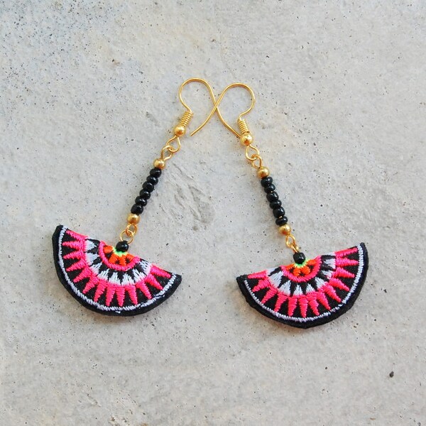 Black & Neon Pink Tribal Embroidered Earrings
