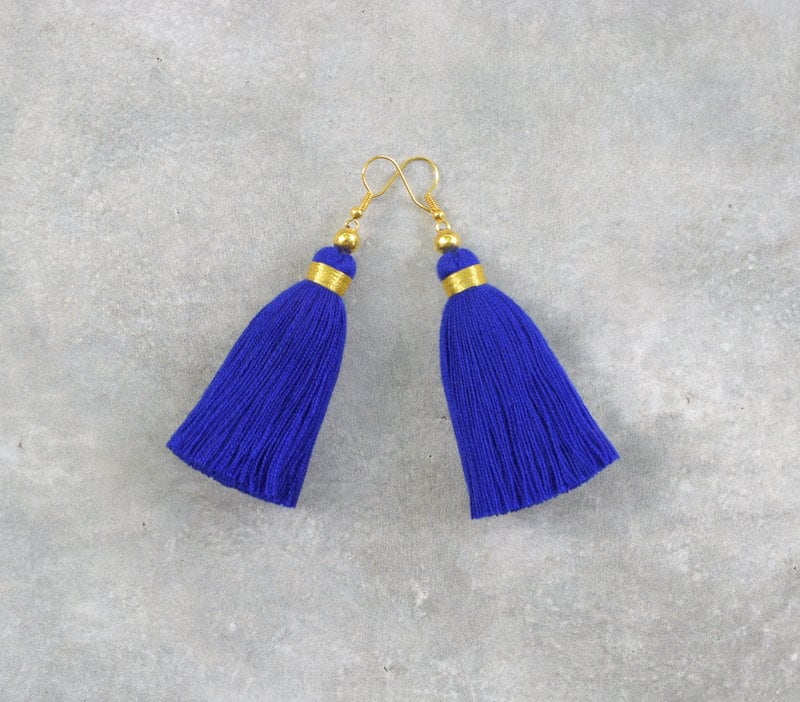 Navy Blue Tassel Earrings with Gold Beads