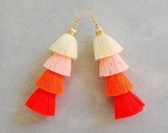 Four Tier Ombre Orange Tassel Earrings