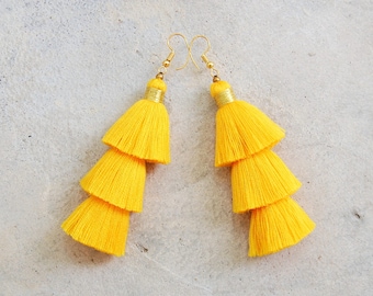 Three Tier Yellow Tassel Earrings