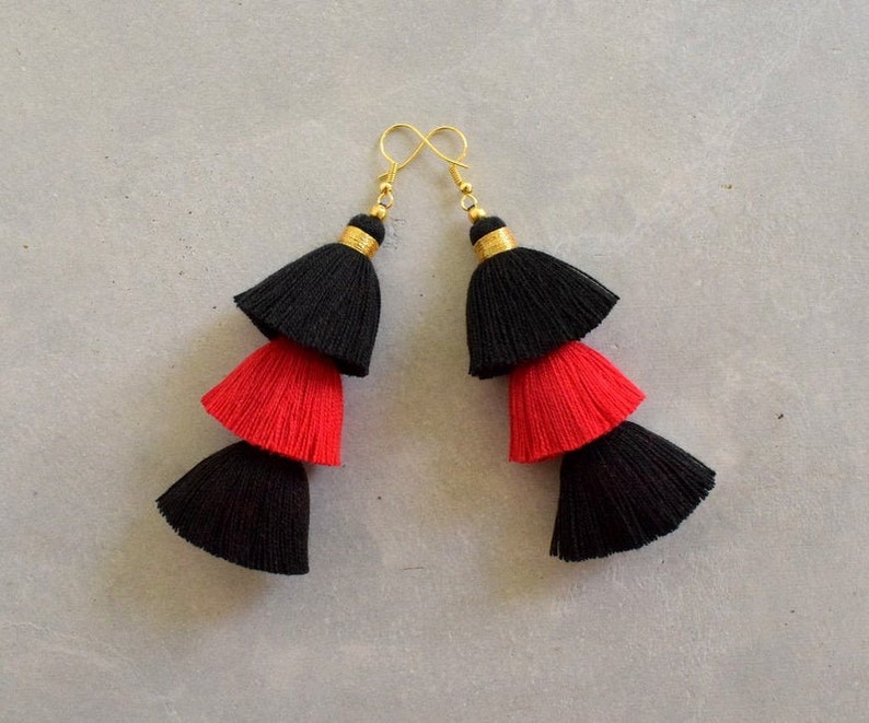Black & Red Tassel Earrings image 1