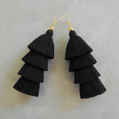 Black Tassel Hoop Earrings Black Tassel Earrings Tassel Etsy