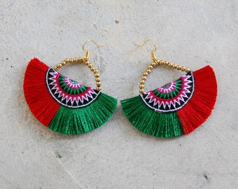 Red & Green Tassel Earrings with Hill Tribe Embroidery