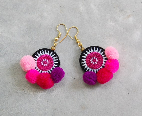 Multi Pink Pom Pom Earrings With Small Hmong Embroidery Etsy