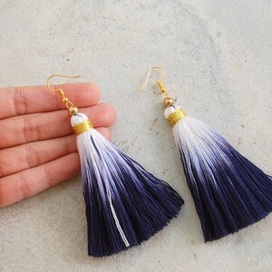 Indigo Blue Dip Dyed Ombre Tassel Earrings with Gold Beads image 4