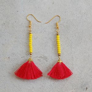 Mini Red Tassel Earrings With Yellow Beads - Etsy