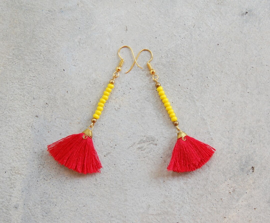 Mini Red Tassel Earrings With Yellow Beads - Etsy