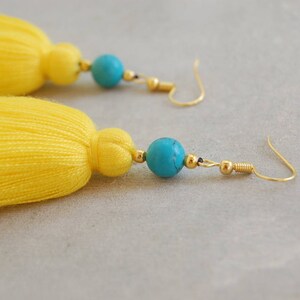 Handmade Bright Yellow Tassel Earrings with Turquoise Beads image 2