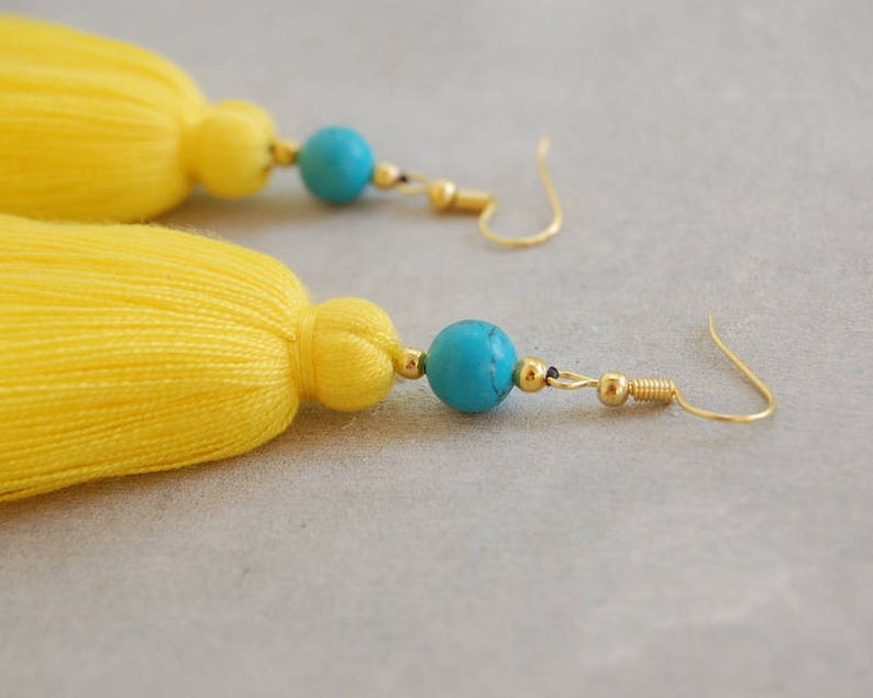 Handmade Bright Yellow Tassel Earrings with Turquoise Beads image 2