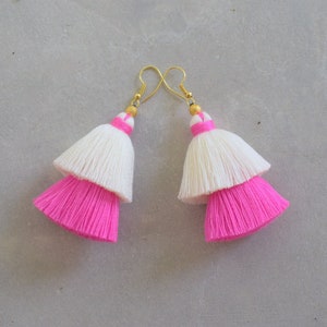 Handmade White & Pink Tassel Earrings